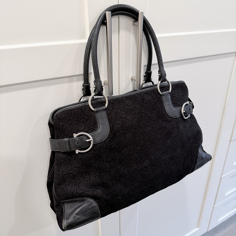 Salvatore Ferragamo Gancini Monogram Black Suede Leather Satchel Bag Vintage - Picture 3 of 14